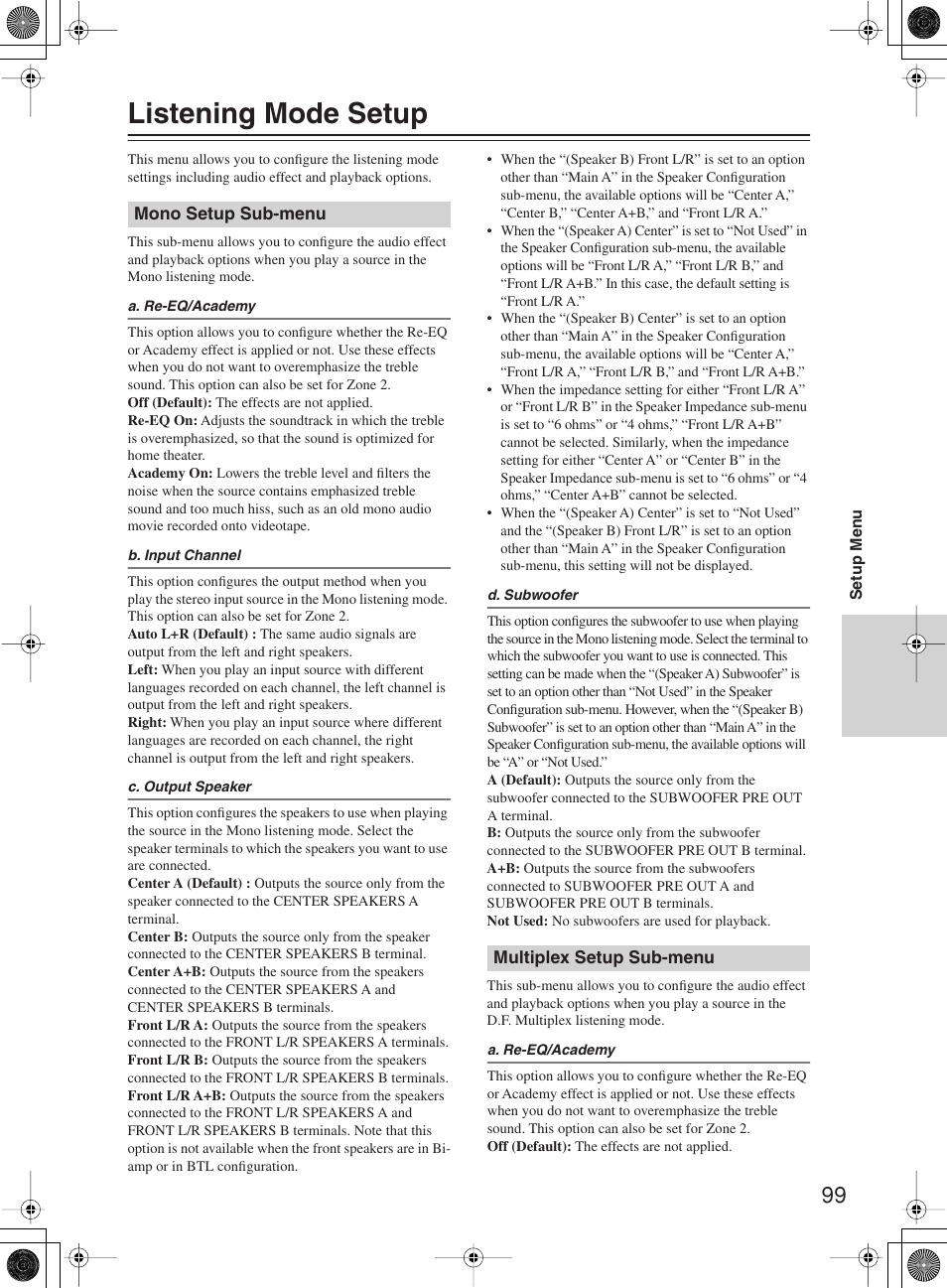 Listening mode setup | Integra DTR-10.5 User Manual | Page 99 / 152