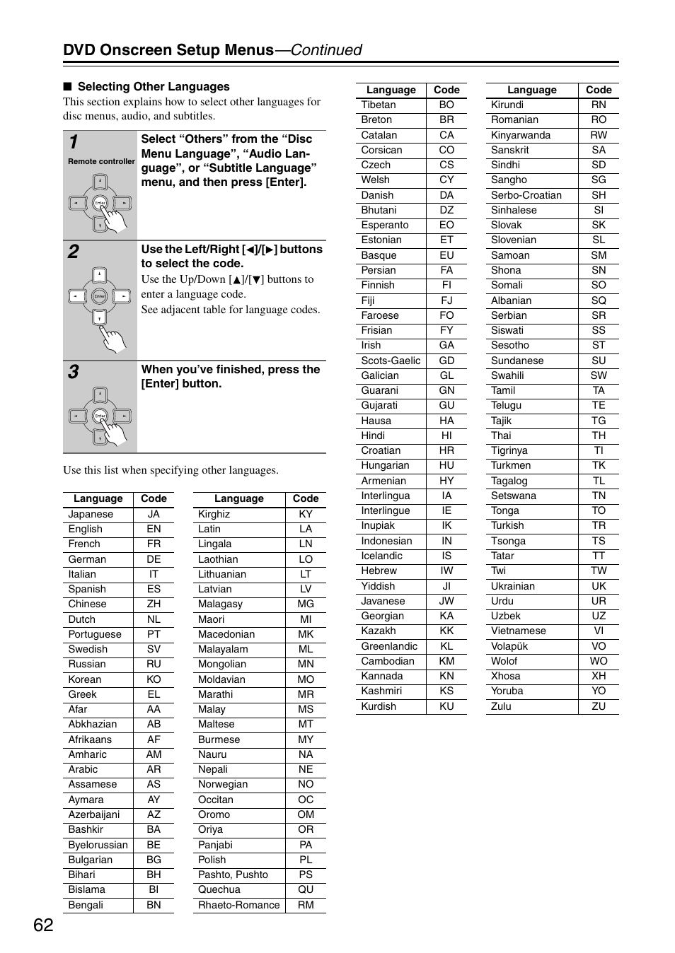 Dvd onscreen setup menus —continued | Integra DSR-4.8 User Manual | Page 62 / 80