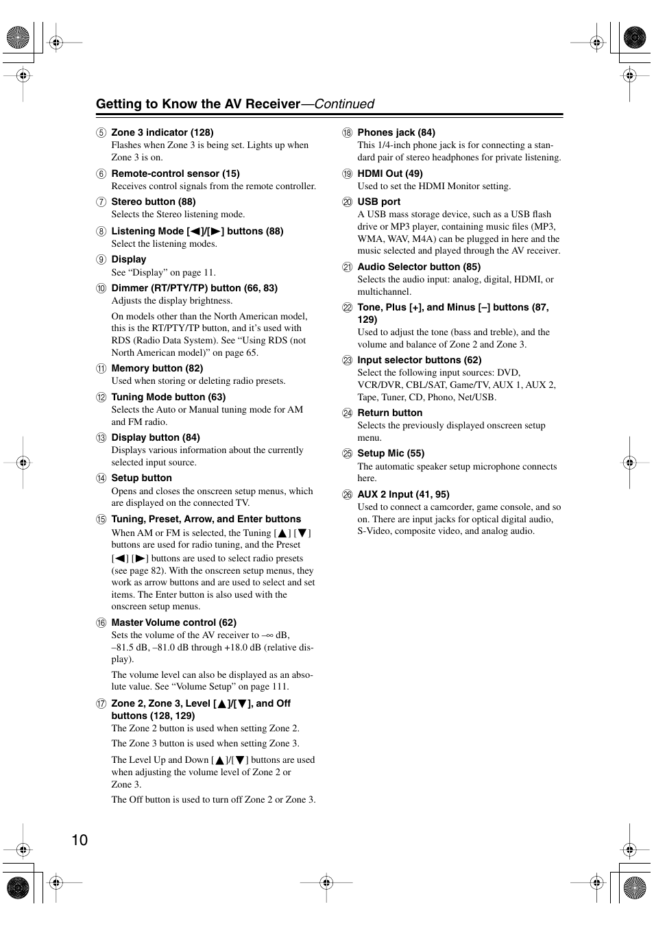 Getting to know the av receiver —continued | Integra DTR-8.8 User Manual | Page 10 / 144