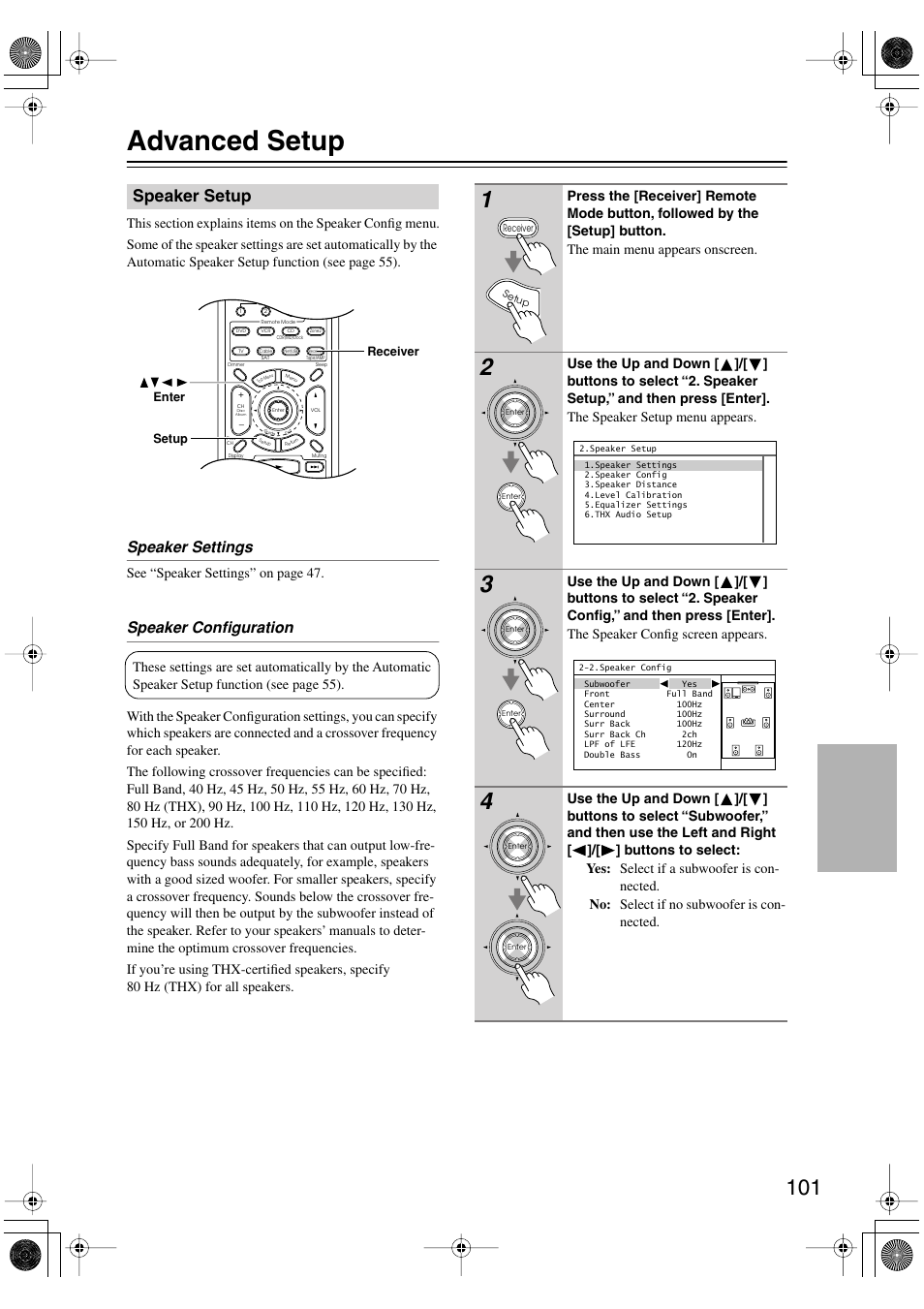 Advanced setup, Speaker setup, Es 101–107 | Speaker settings, Speaker configuration | Integra DTR-8.8 User Manual | Page 101 / 144