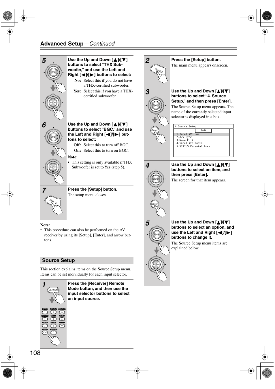 Source setup, Es 108–109, Advanced setup —continued | Integra DTR-8.8 User Manual | Page 108 / 144