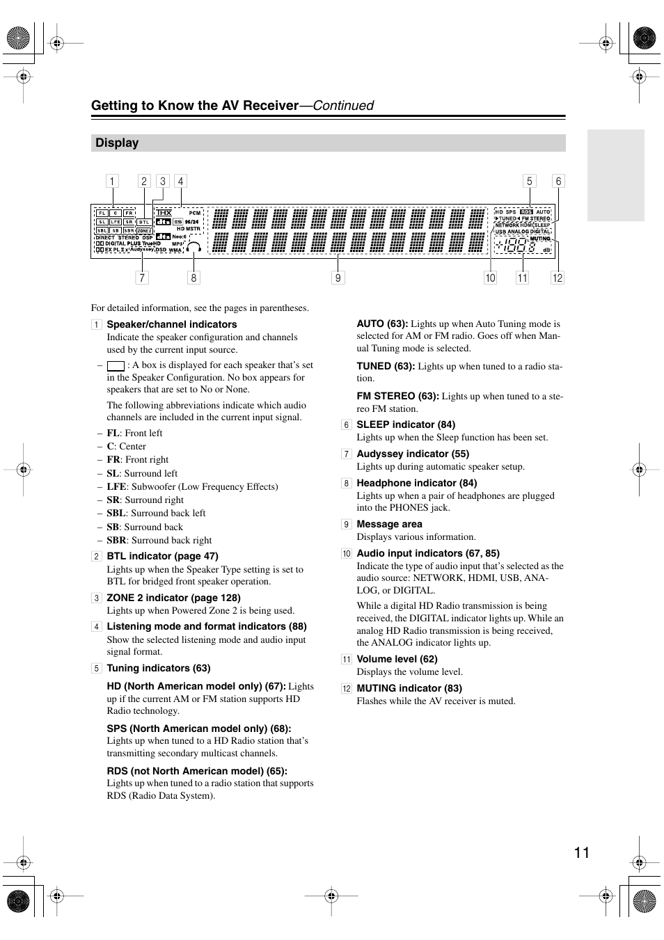 Display, Getting to know the av receiver —continued | Integra DTR-8.8 User Manual | Page 11 / 144