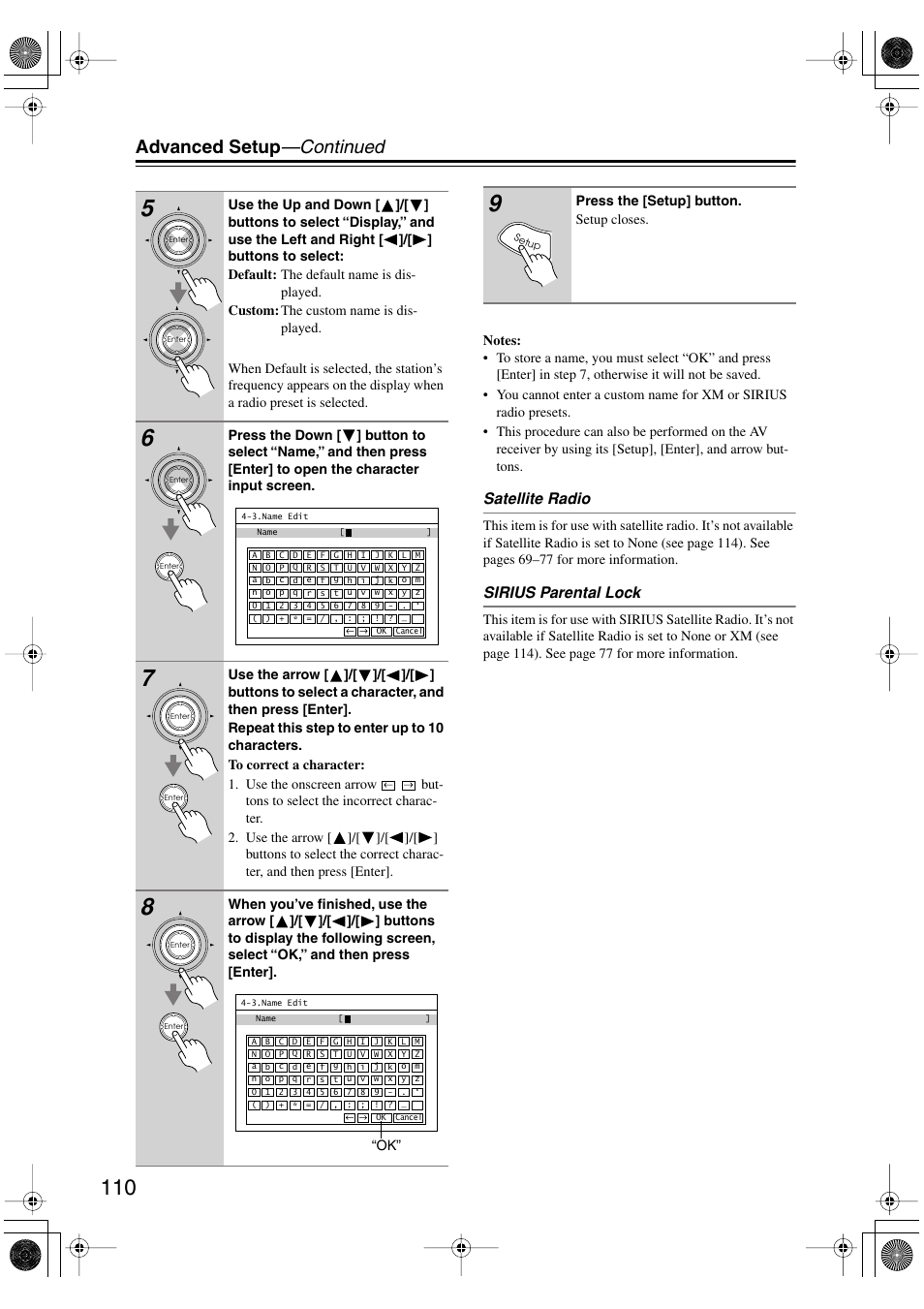 Advanced setup —continued, Satellite radio, Sirius parental lock | Integra DTR-8.8 User Manual | Page 110 / 144