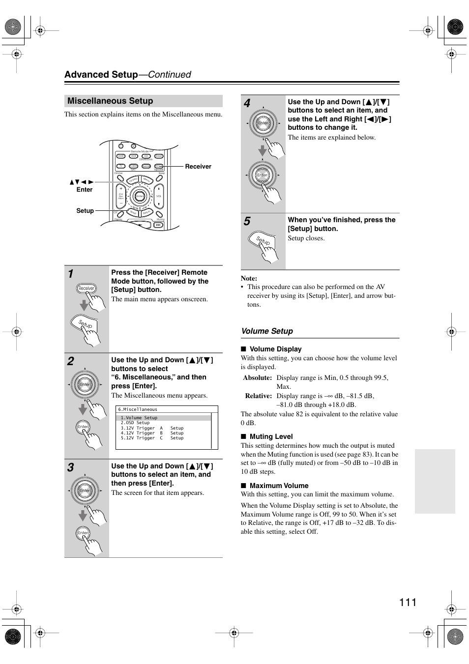Miscellaneous setup, Advanced setup —continued, Volume setup | Integra DTR-8.8 User Manual | Page 111 / 144