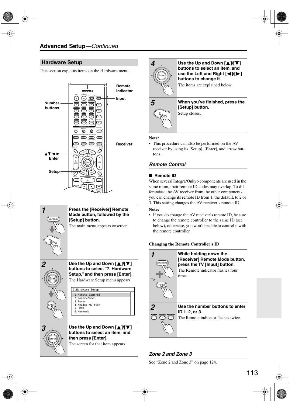 Hardware setup, Advanced setup —continued, Remote control | Zone 2 and zone 3 | Integra DTR-8.8 User Manual | Page 113 / 144