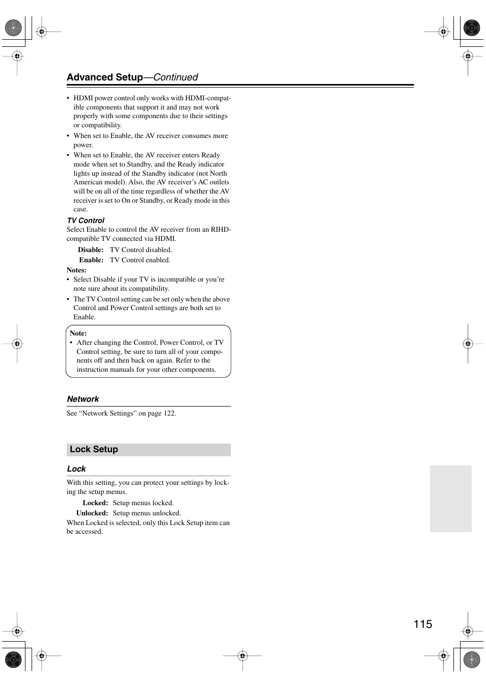 Lock setup, Advanced setup —continued | Integra DTR-8.8 User Manual | Page 115 / 144