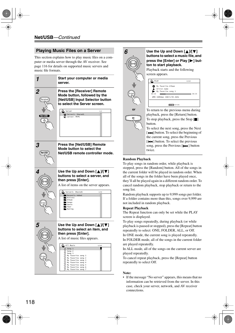 Playing music files on a server, Net/usb —continued | Integra DTR-8.8 User Manual | Page 118 / 144