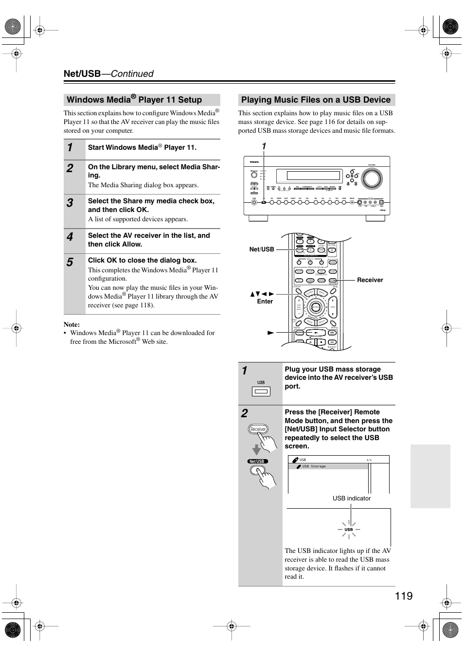 Windows media® player 11 setup, Playing music files on a usb device, Windows media | Net/usb —continued, Player 11 setup, Start windows media, Player 11 | Integra DTR-8.8 User Manual | Page 119 / 144