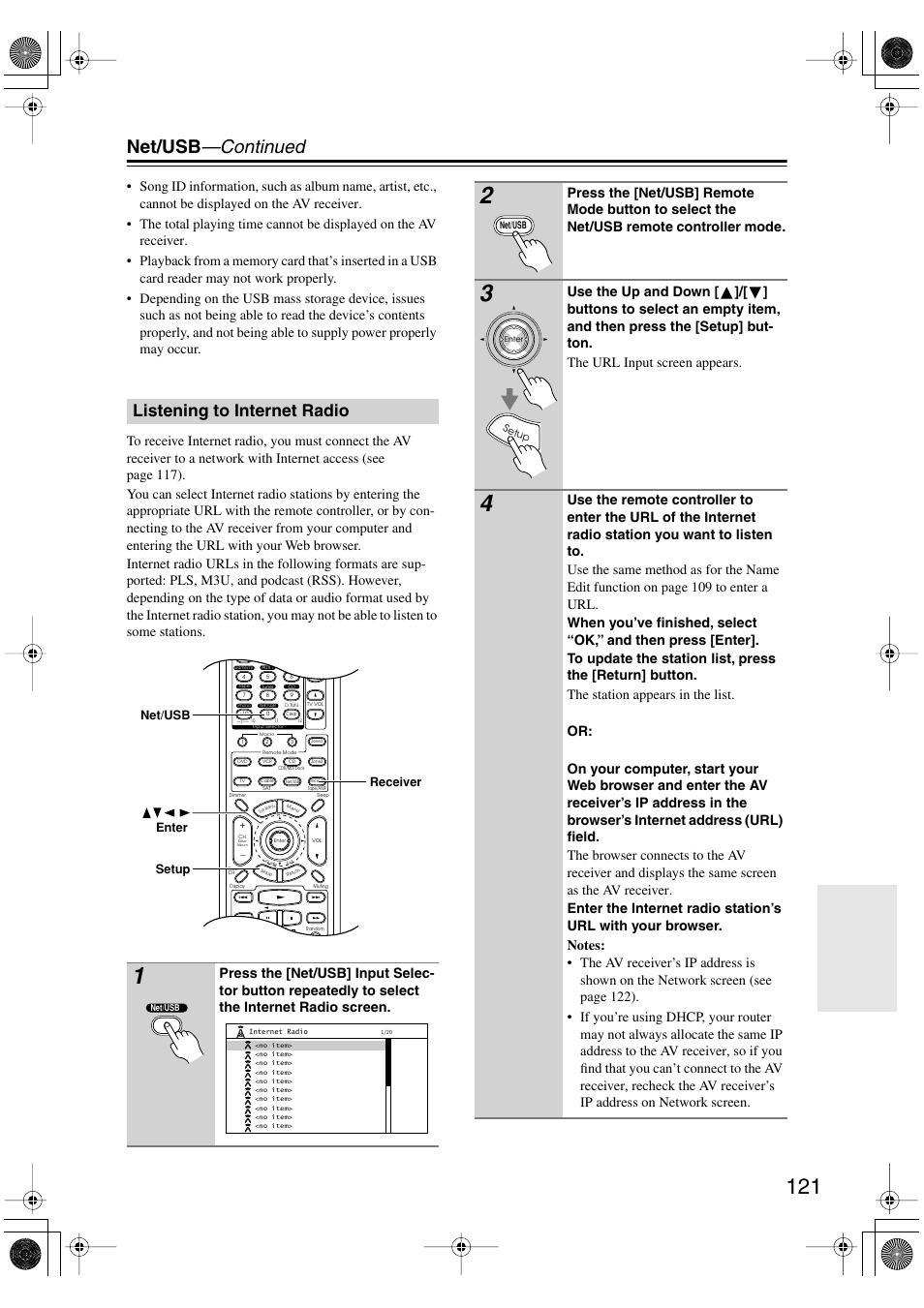 Listening to internet radio, Net/usb —continued | Integra DTR-8.8 User Manual | Page 121 / 144