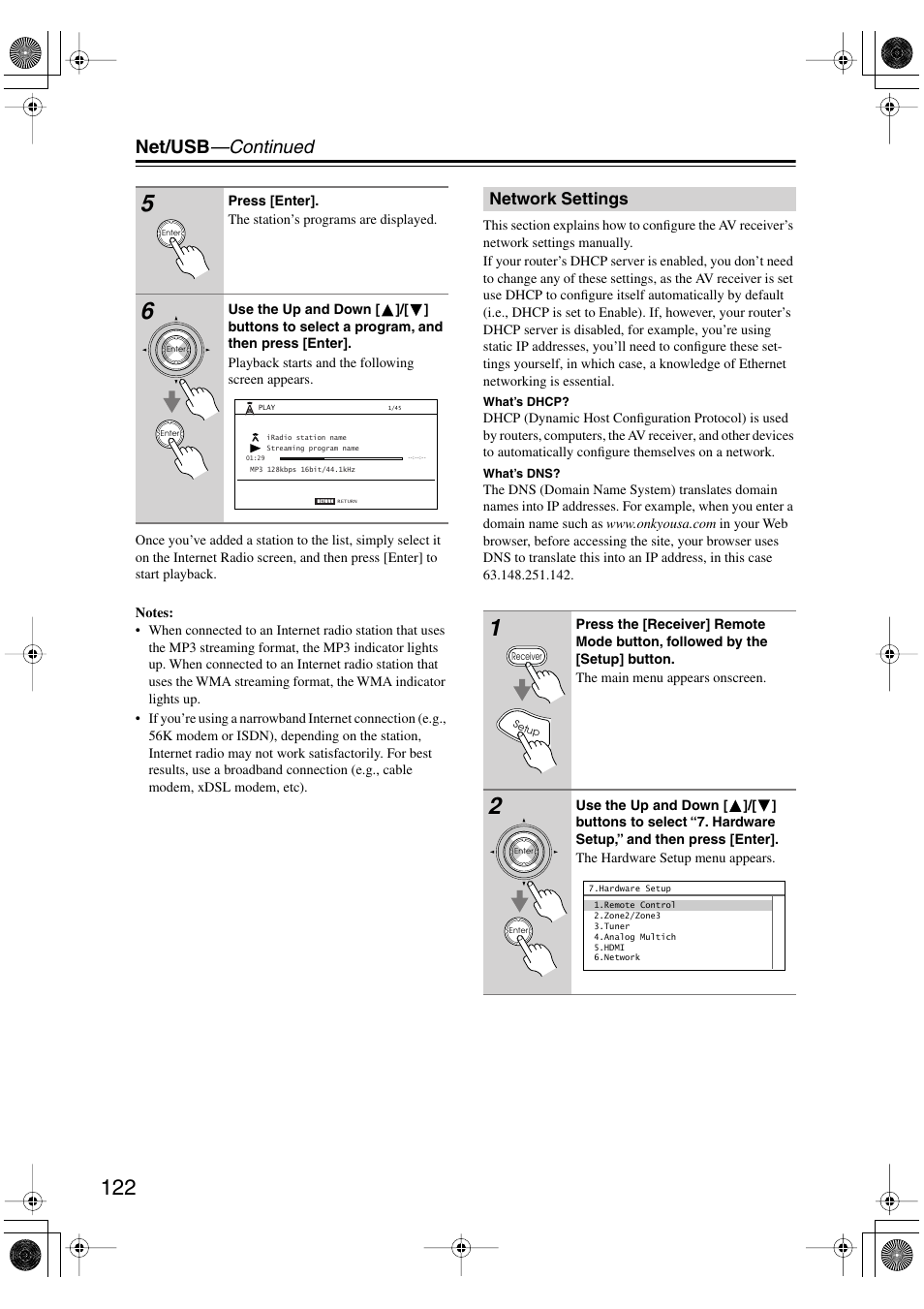 Network settings, Net/usb —continued | Integra DTR-8.8 User Manual | Page 122 / 144