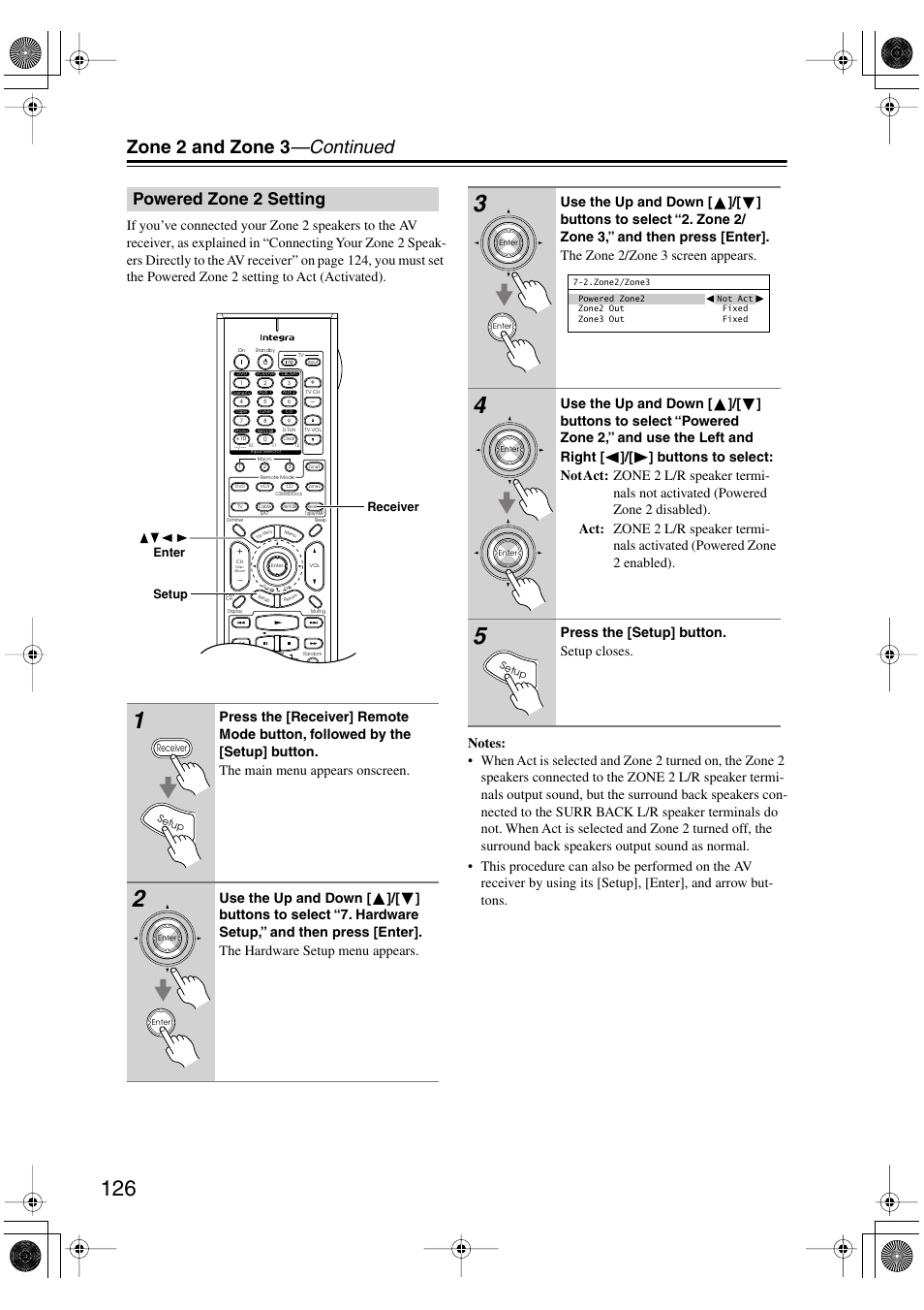 Powered zone2 setting, Powered zone 2 setting, Zone 2 and zone 3 —continued | Press the [setup] button. setup closes | Integra DTR-8.8 User Manual | Page 126 / 144