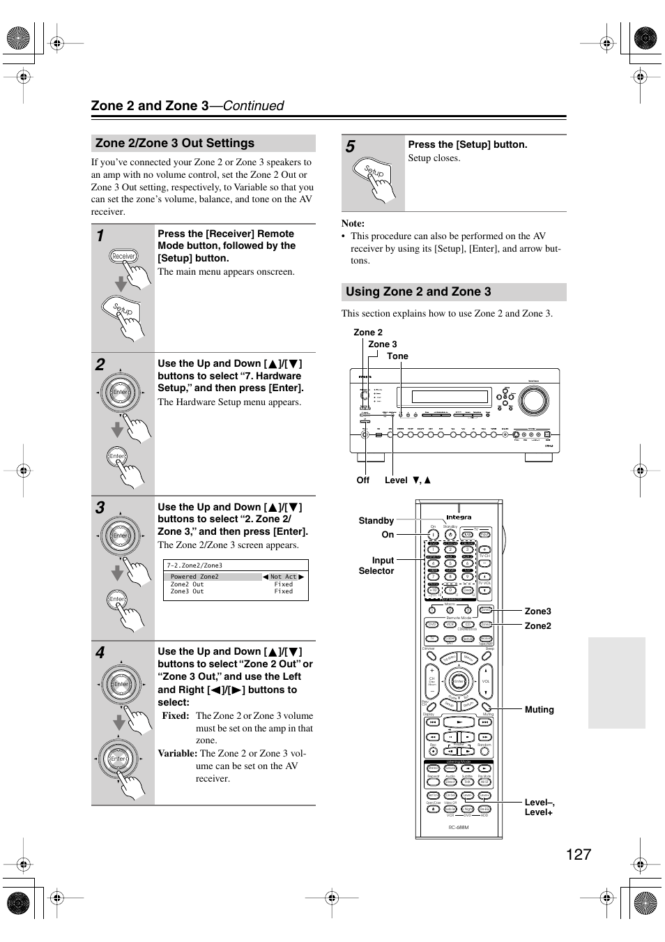 Zone2/zone3 out settings, Using zone 2 and zone3, Zone 2/zone 3 out settings using zone 2 and zone 3 | Zone 2 and zone 3 —continued, Zone 2/zone 3 out settings, Using zone 2 and zone 3, Press the [setup] button. setup closes | Integra DTR-8.8 User Manual | Page 127 / 144
