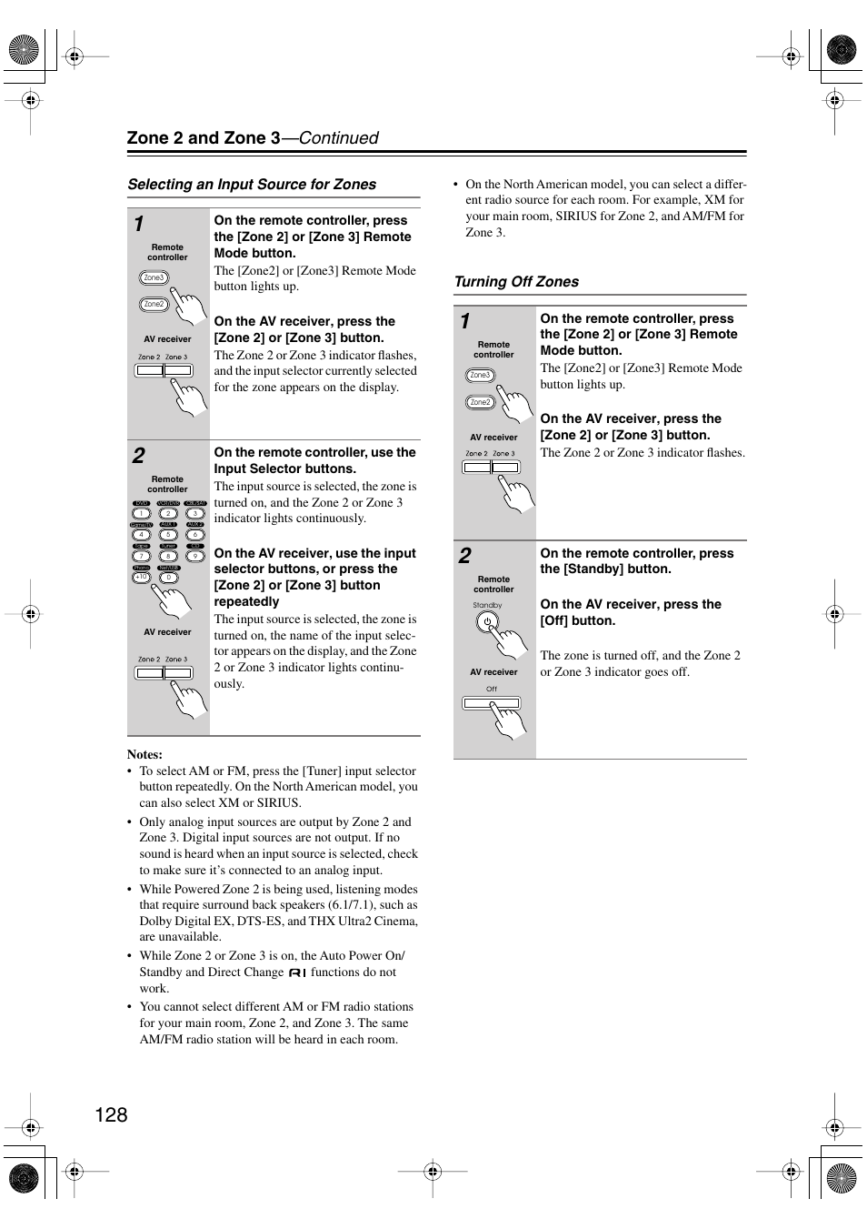 Zone 2 indicator (128), Zone 3 indicator (128), Uttons (128 | Zone 2 and zone 3 —continued, Selecting an input source for zones, Turning off zones | Integra DTR-8.8 User Manual | Page 128 / 144