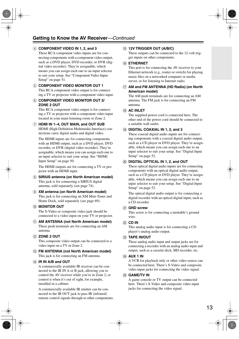 Getting to know the av receiver —continued | Integra DTR-8.8 User Manual | Page 13 / 144