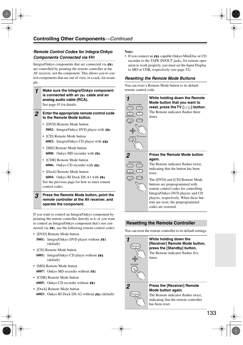 Resetting the remote controller, Controlling other components —continued | Integra DTR-8.8 User Manual | Page 133 / 144