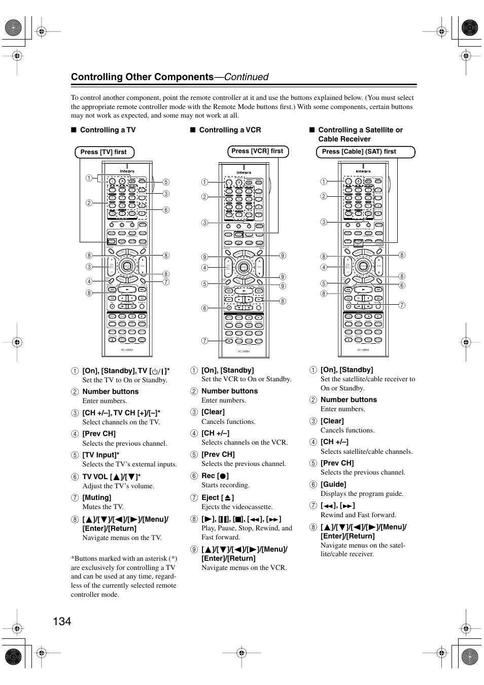 Controlling other components —continued, Number buttons enter numbers, Ch +/–], tv ch [+]/[–]* select channels on the tv | Prev ch] selects the previous channel, Tv input]* selects the tv’s external inputs, Tv vol [ ]/[ ]* adjust the tv’s volume, Muting] mutes the tv, On], [standby] set the vcr to on or standby, Clear] cancels functions, Ch +/–] selects channels on the vcr | Integra DTR-8.8 User Manual | Page 134 / 144