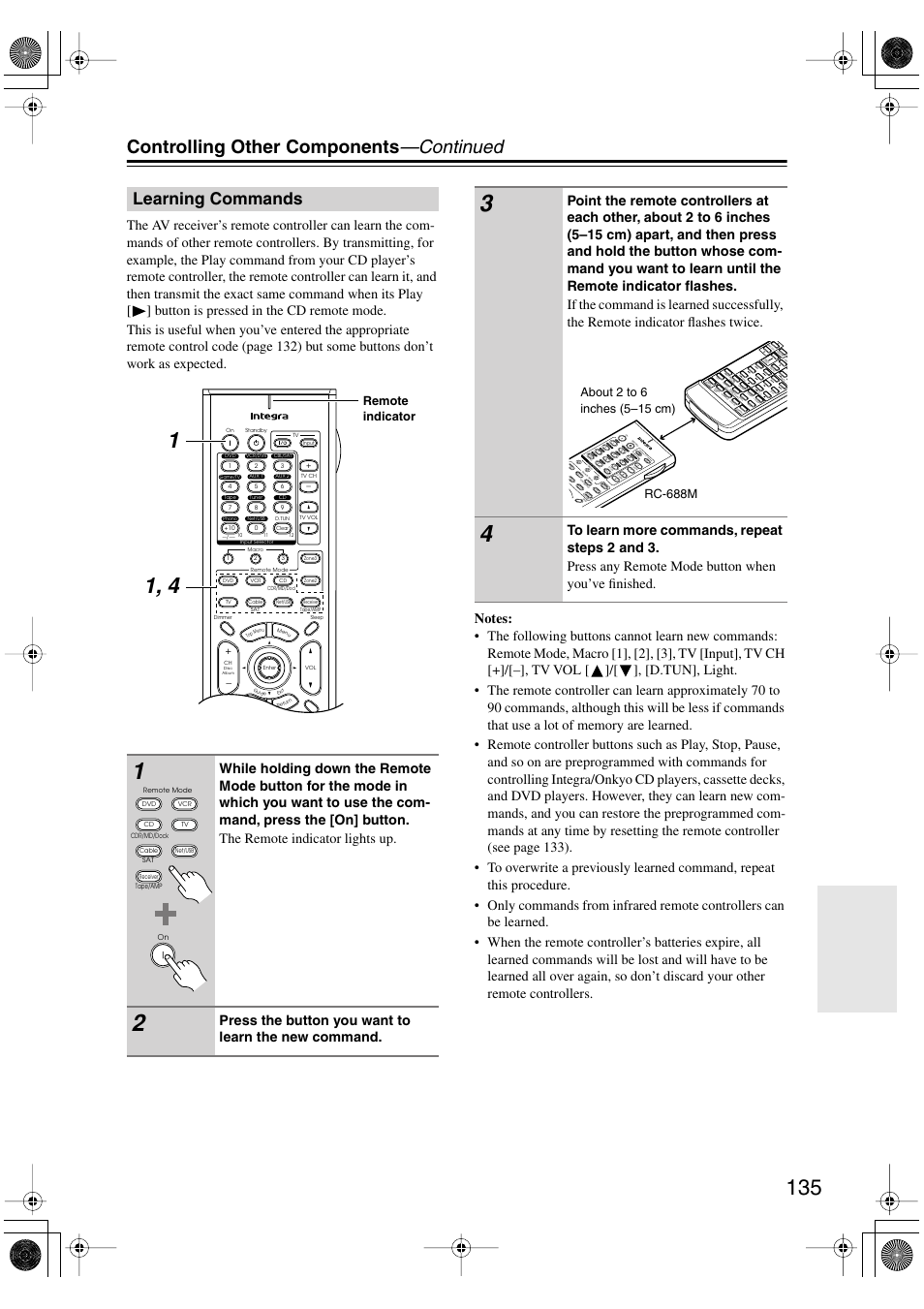 Learning commands, Controlling other components —continued, Press the button you want to learn the new command | Remote indicator | Integra DTR-8.8 User Manual | Page 135 / 144