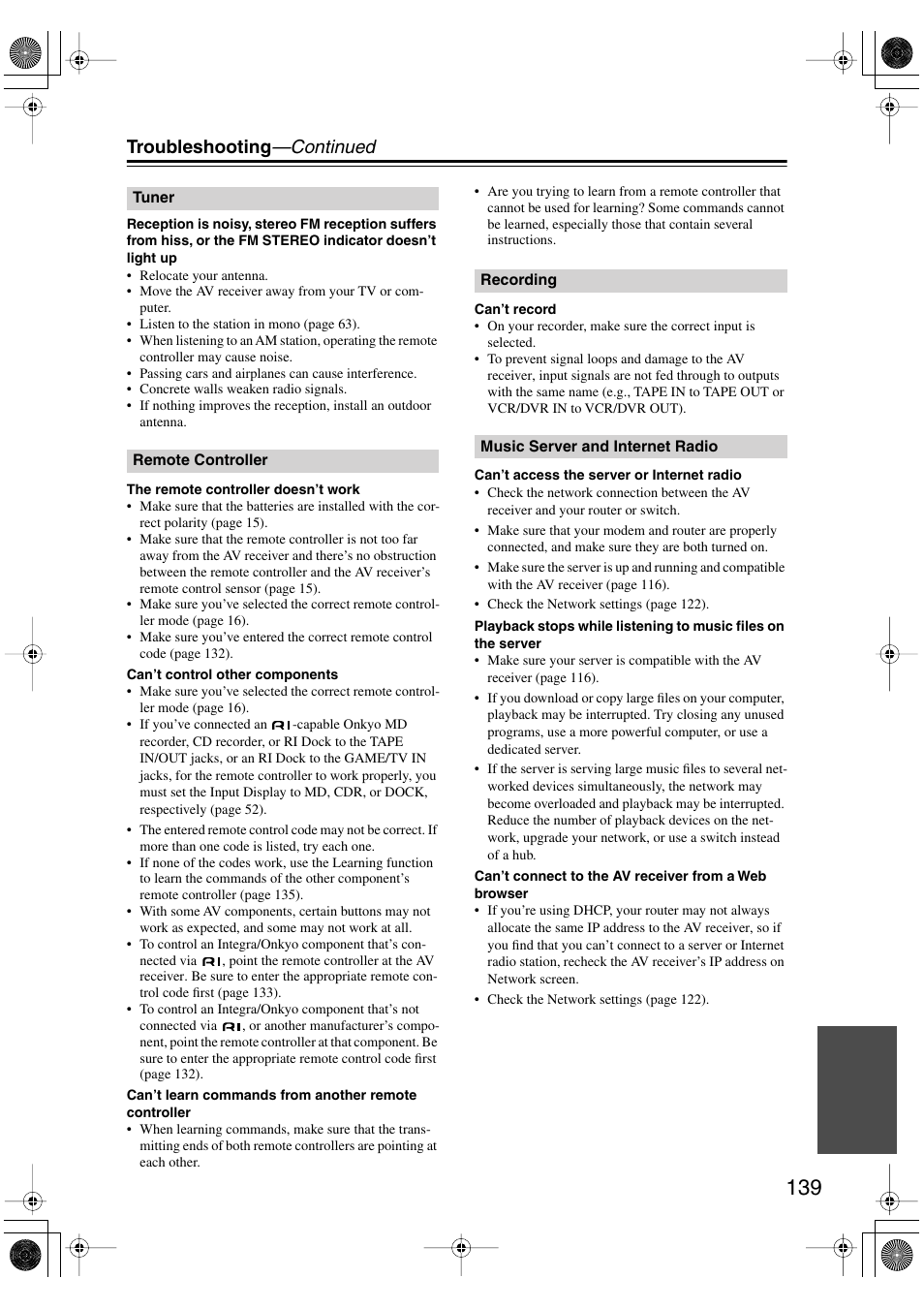 Troubleshooting —continued | Integra DTR-8.8 User Manual | Page 139 / 144