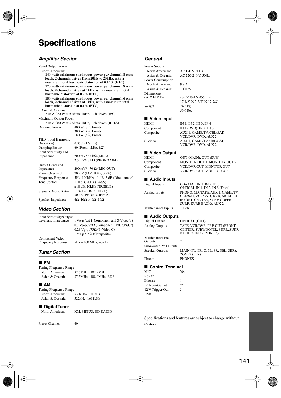 Specifications | Integra DTR-8.8 User Manual | Page 141 / 144