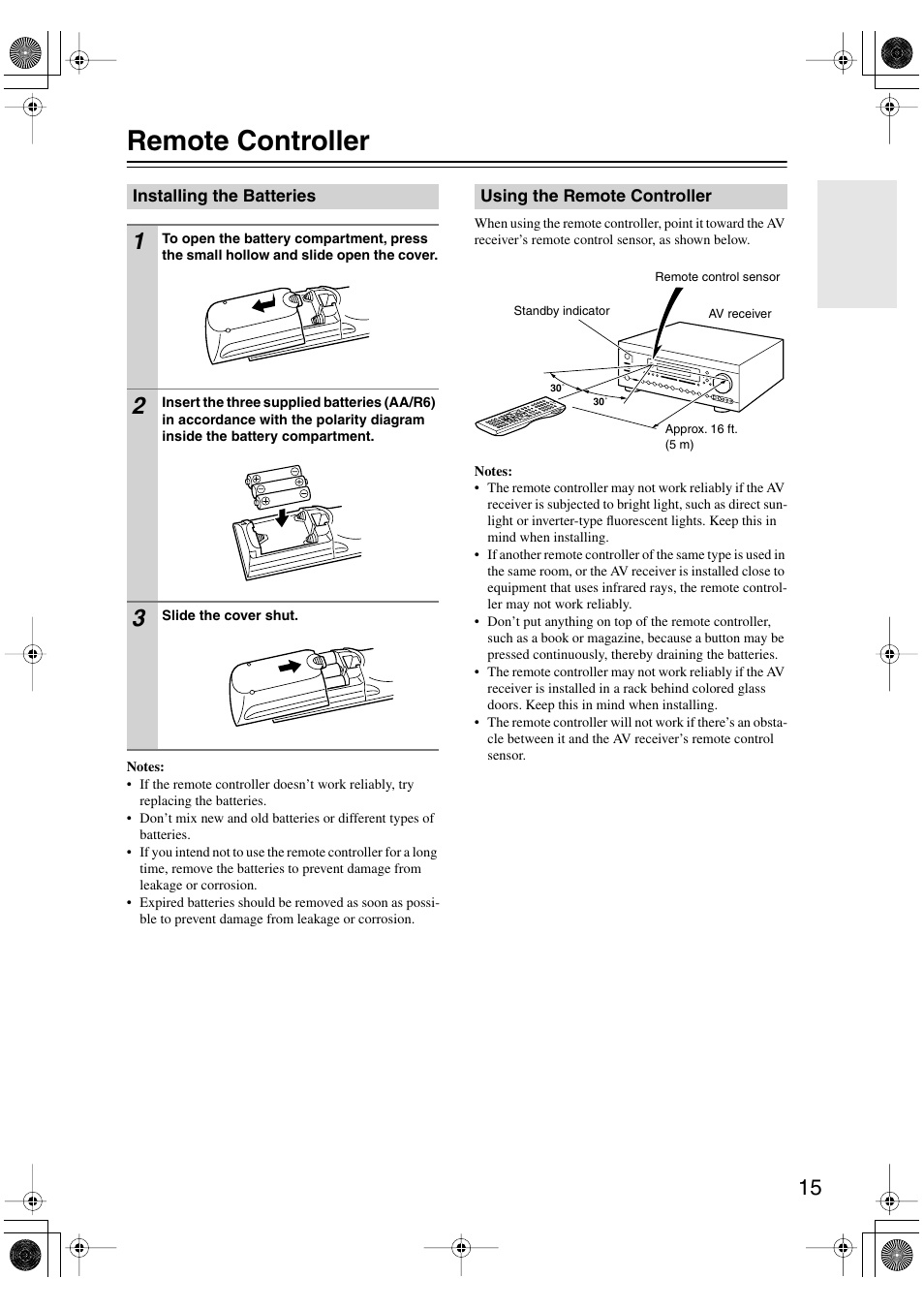 Remote controller, Installing the batteries, Using the remote controller | Ol sensor (15) | Integra DTR-8.8 User Manual | Page 15 / 144