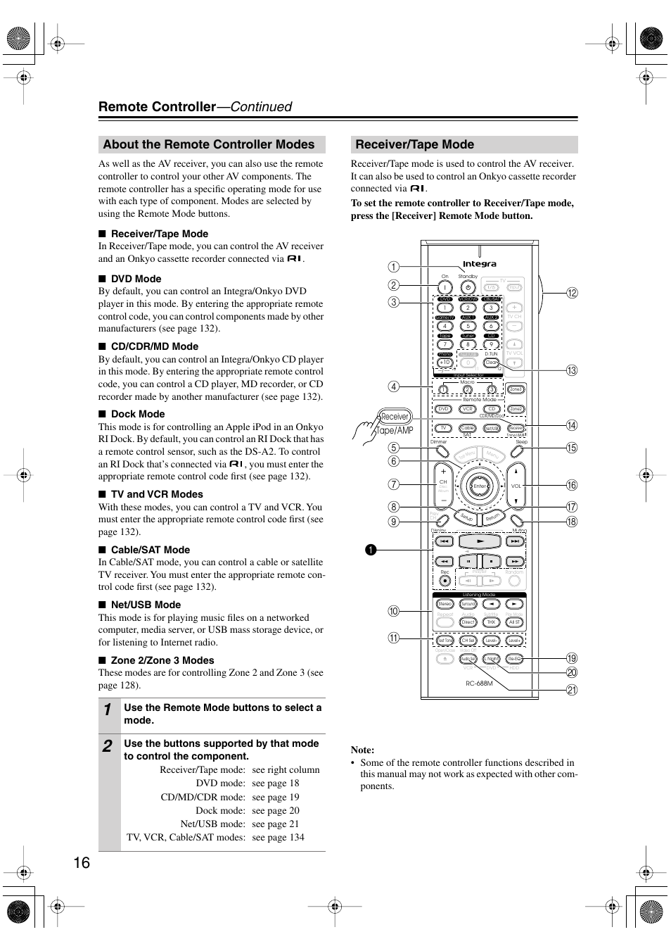 About the remote controller modes, Receiver/tape mode, Remote controller —continued | Integra DTR-8.8 User Manual | Page 16 / 144