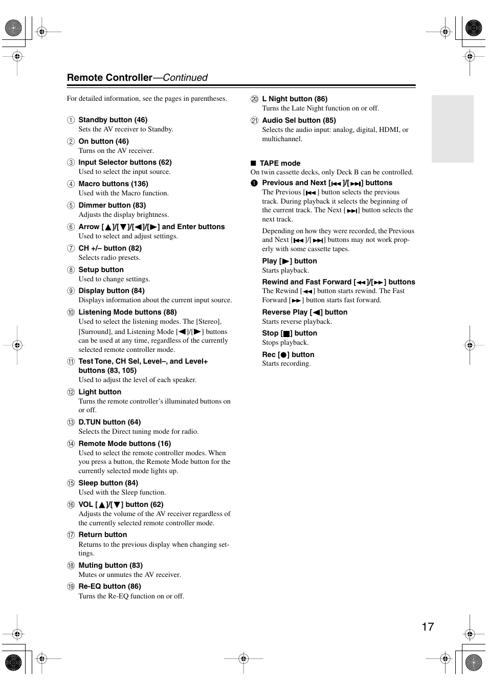 Remote controller —continued | Integra DTR-8.8 User Manual | Page 17 / 144