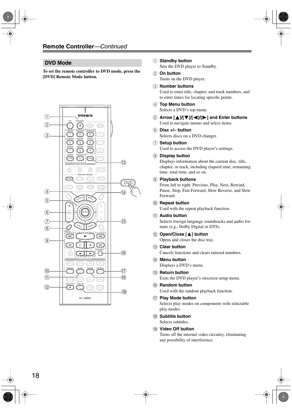 Dvd mode, Remote controller —continued | Integra DTR-8.8 User Manual | Page 18 / 144