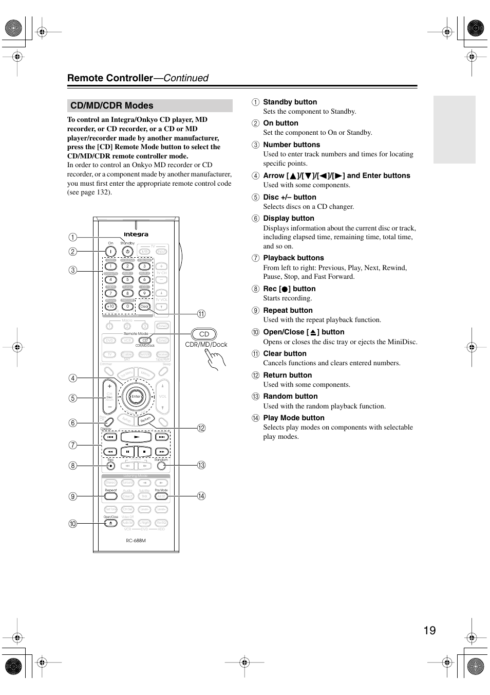 Cd/md/cdr modes, Remote controller —continued | Integra DTR-8.8 User Manual | Page 19 / 144