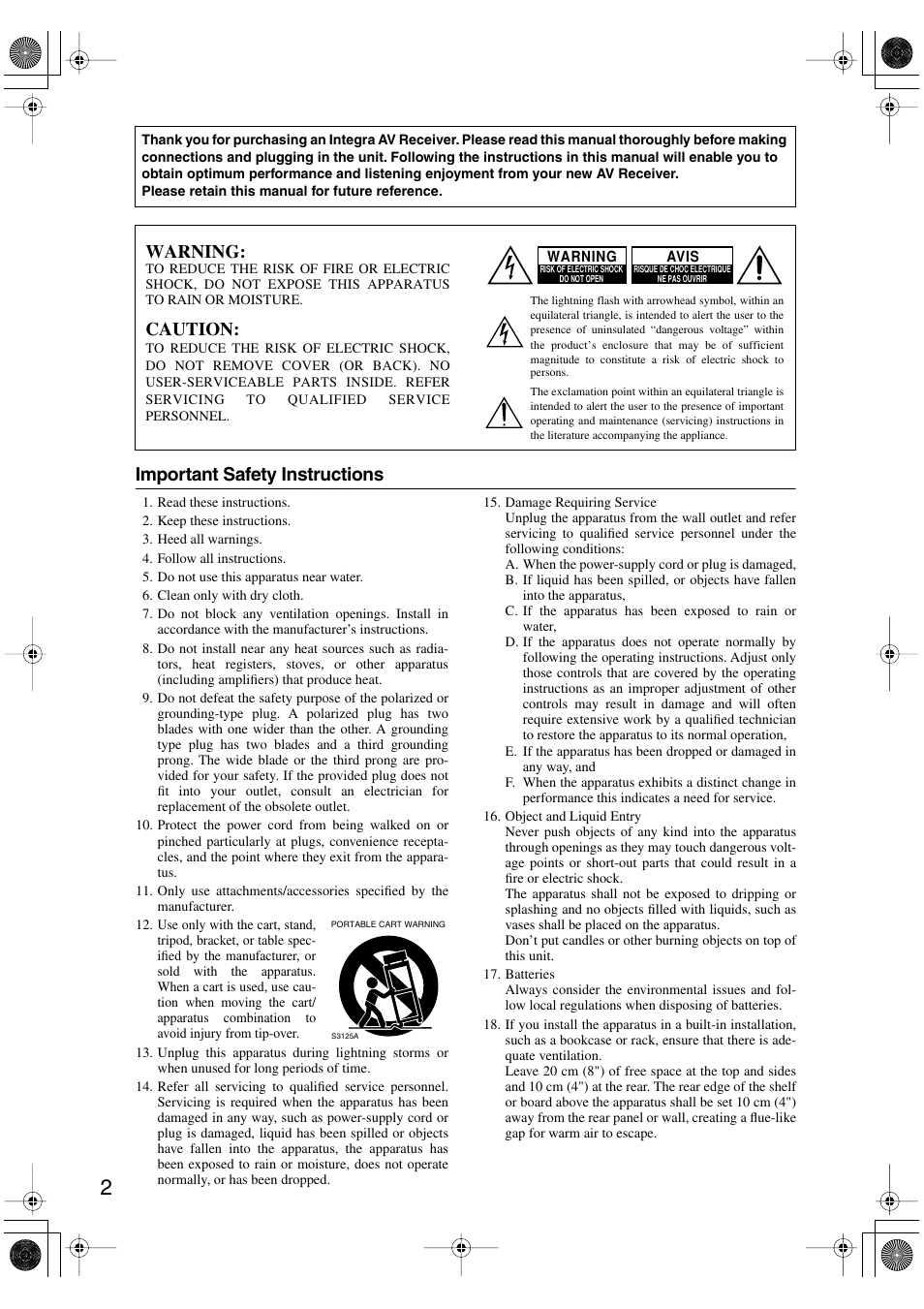 Important safety instructions, Warning, Caution | Integra DTR-8.8 User Manual | Page 2 / 144