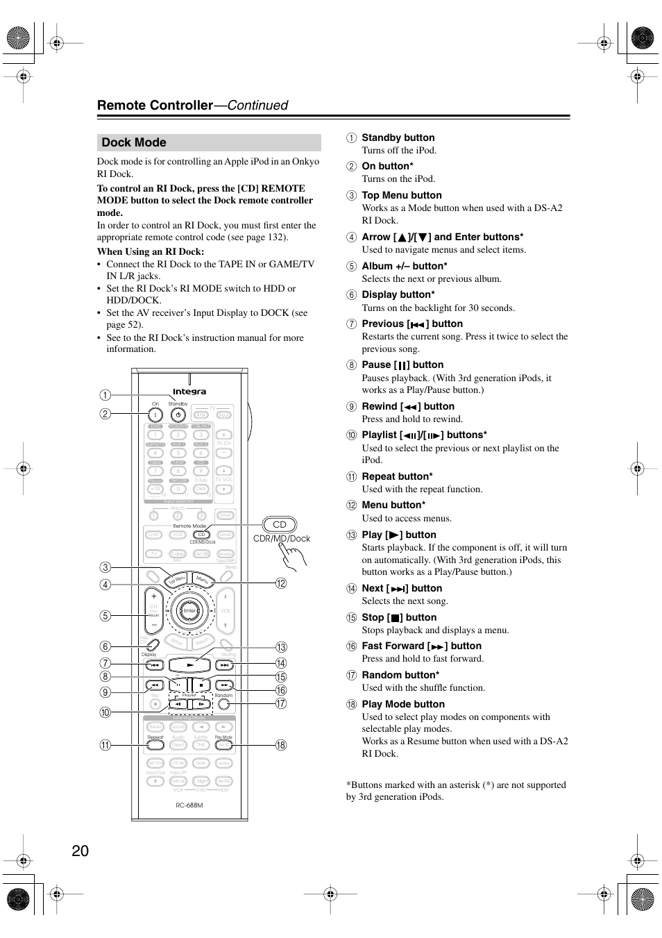 Dock mode, Remote controller —continued | Integra DTR-8.8 User Manual | Page 20 / 144