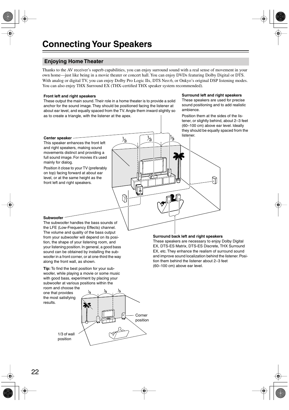 Connecting your speakers, Enjoying home theater | Integra DTR-8.8 User Manual | Page 22 / 144