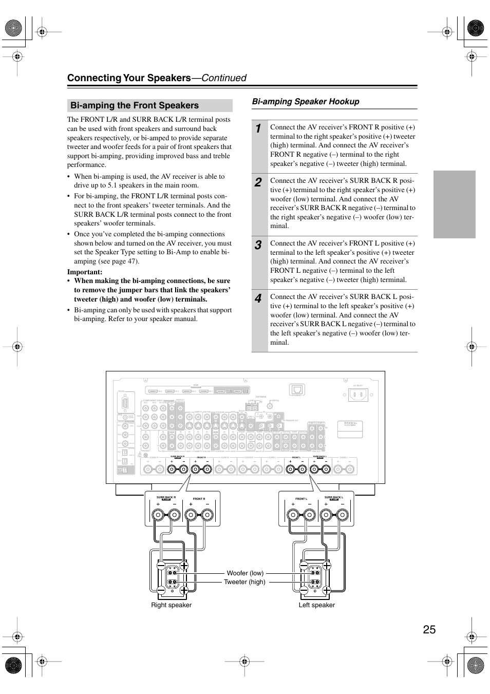 Bi-amping the front speakers, Connecting your speakers —continued, Bi-amping speaker hookup | Integra DTR-8.8 User Manual | Page 25 / 144