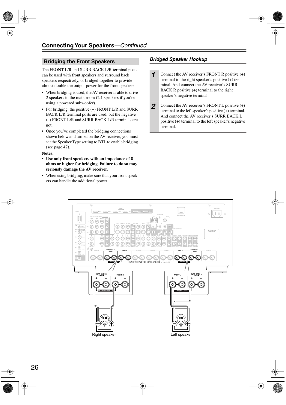 Bridging the front speakers, Connecting your speakers —continued, Bridged speaker hookup | Right speaker left speaker | Integra DTR-8.8 User Manual | Page 26 / 144