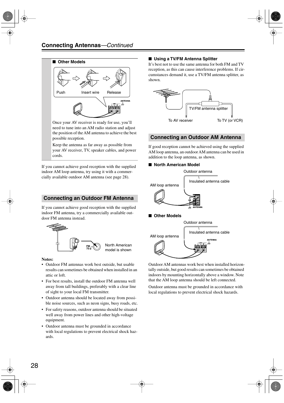 Connecting an outdoor fm antenna, Connecting an outdoor am antenna, Connecting antennas —continued | Integra DTR-8.8 User Manual | Page 28 / 144