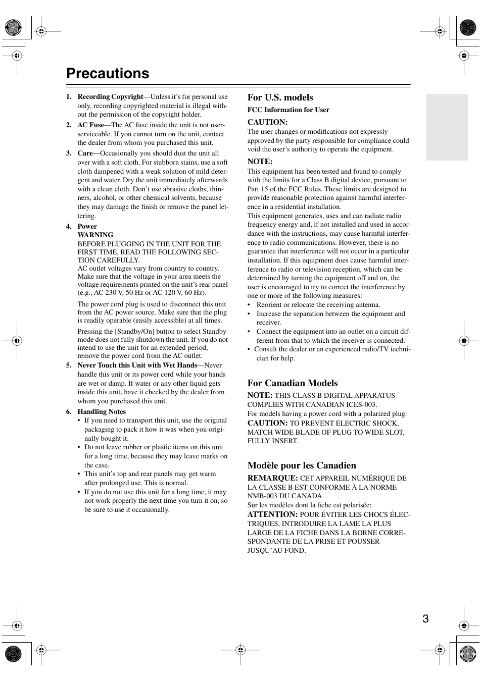 Precautions, For u.s. models, For canadian models | Modèle pour les canadien | Integra DTR-8.8 User Manual | Page 3 / 144