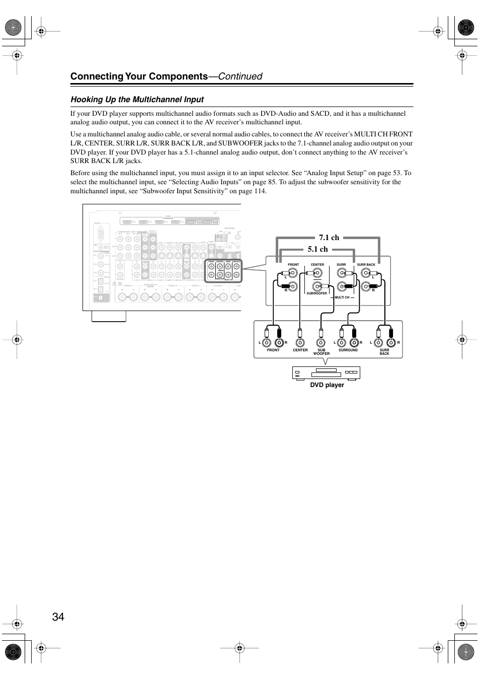 Connecting your components —continued, Hooking up the multichannel input, 1 ch 7.1 ch | Dvd player | Integra DTR-8.8 User Manual | Page 34 / 144