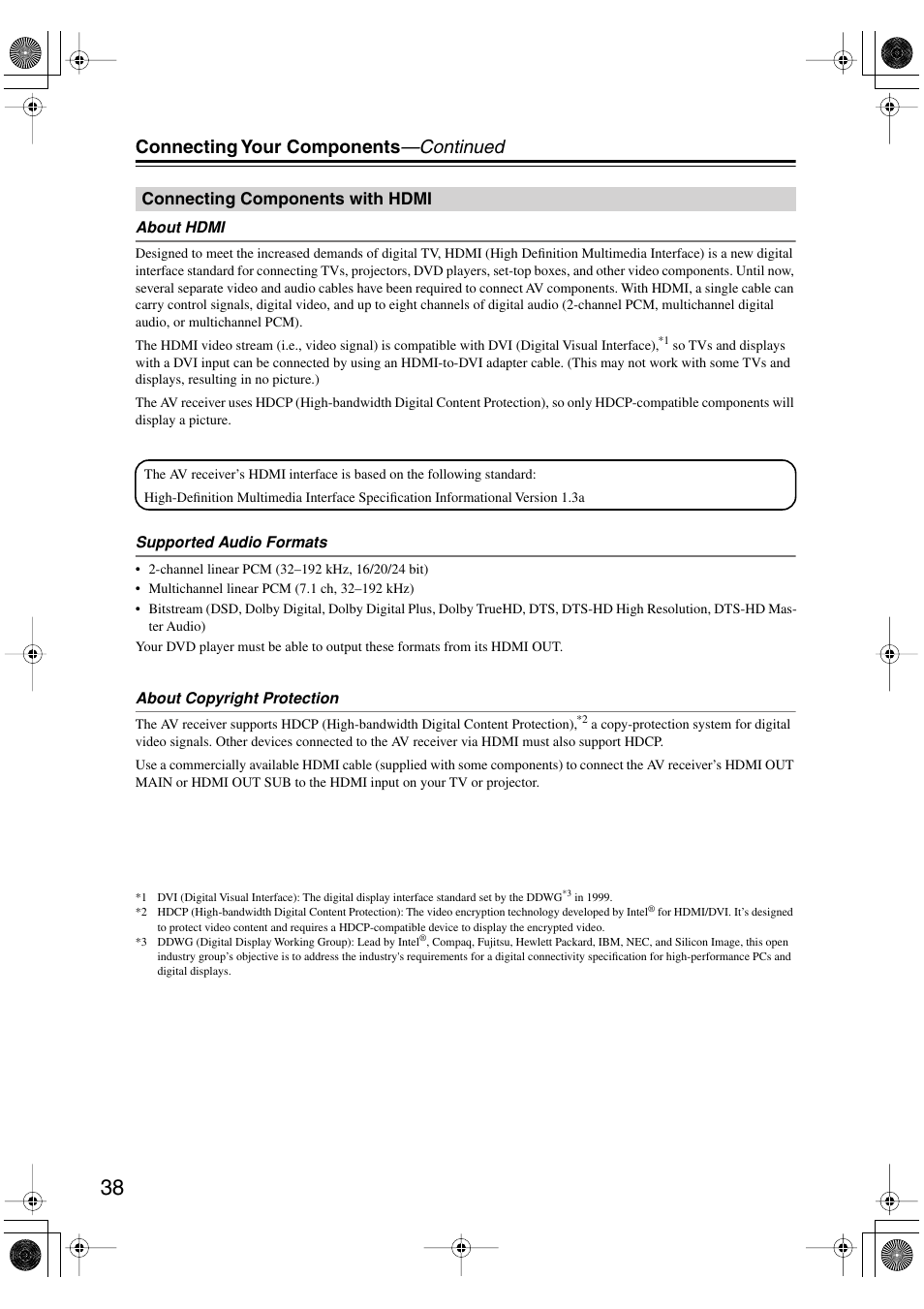 Connecting components with hdmi, Connecting your components —continued | Integra DTR-8.8 User Manual | Page 38 / 144