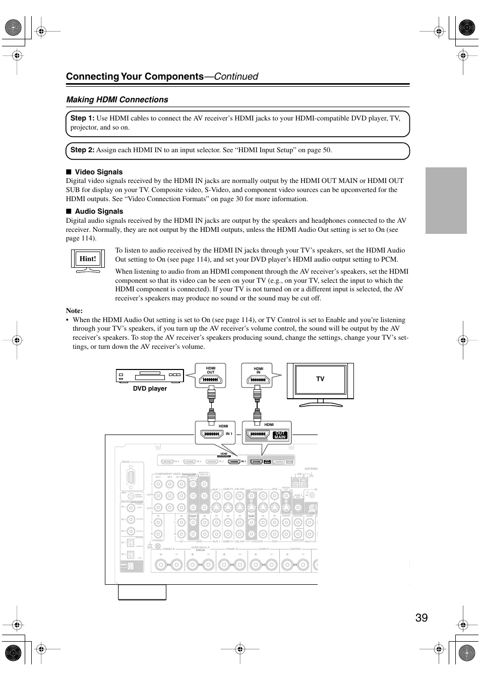 Connecting your components —continued, Making hdmi connections, Tv dvd player | Integra DTR-8.8 User Manual | Page 39 / 144