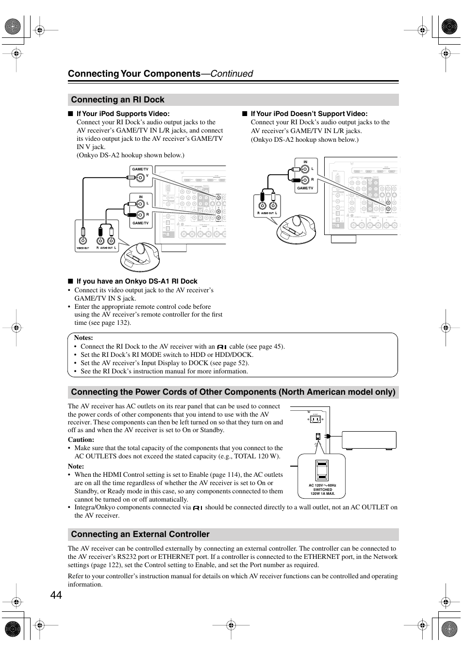 Connecting an ri dock, Connecting an external controller, Components (north american model only) | Connecting your components —continued, Bi-amp | Integra DTR-8.8 User Manual | Page 44 / 144