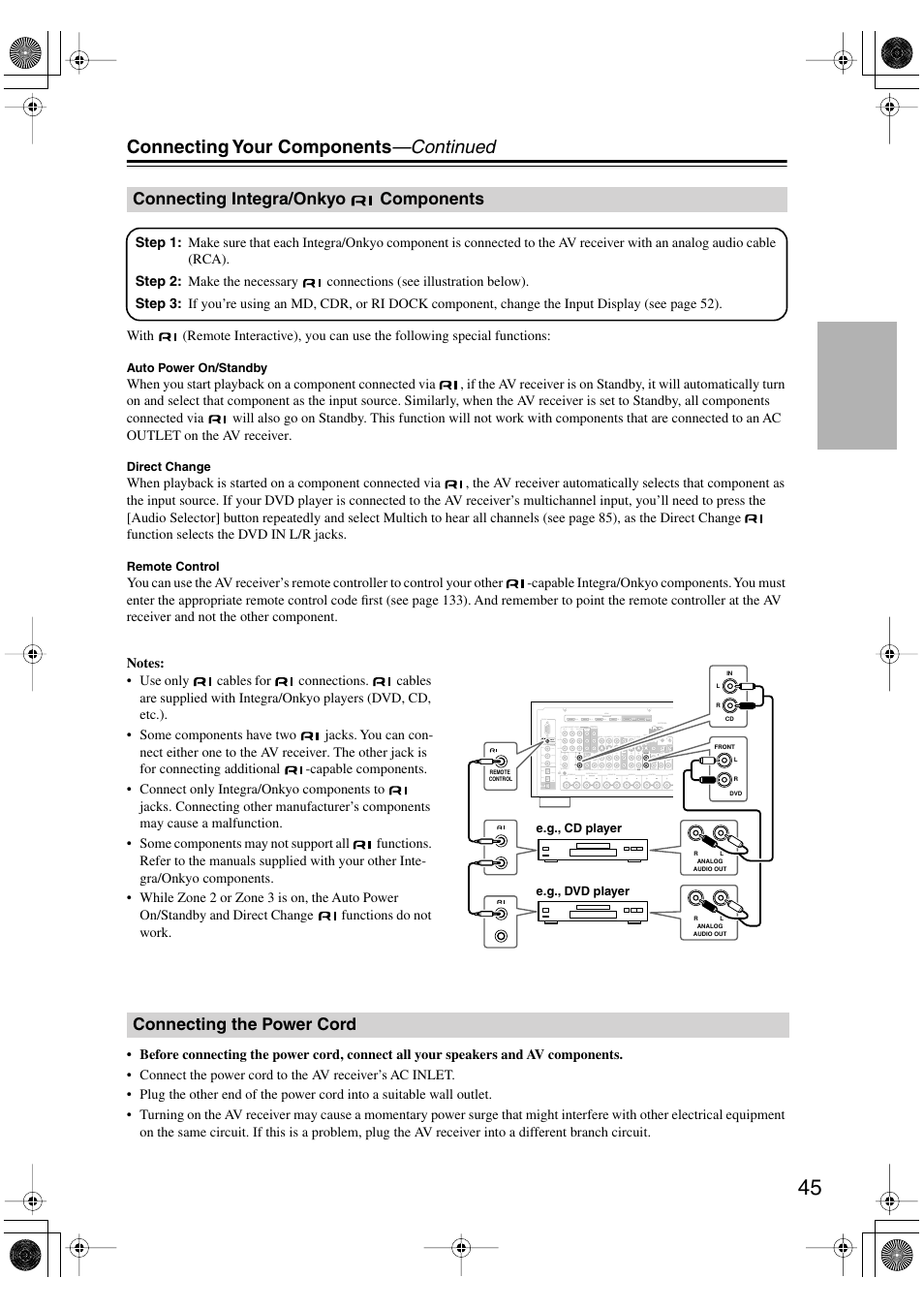 Connecting integra/onkyo components, Connecting the power cord, Connecting integra/onkyo | Components, Connecting your components —continued | Integra DTR-8.8 User Manual | Page 45 / 144