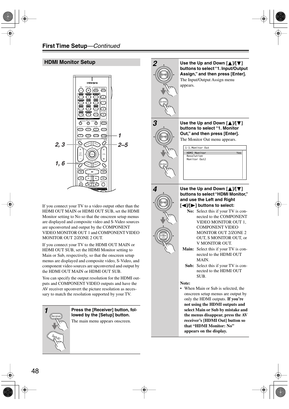 Hdmi monitor setup, First time setup —continued | Integra DTR-8.8 User Manual | Page 48 / 144