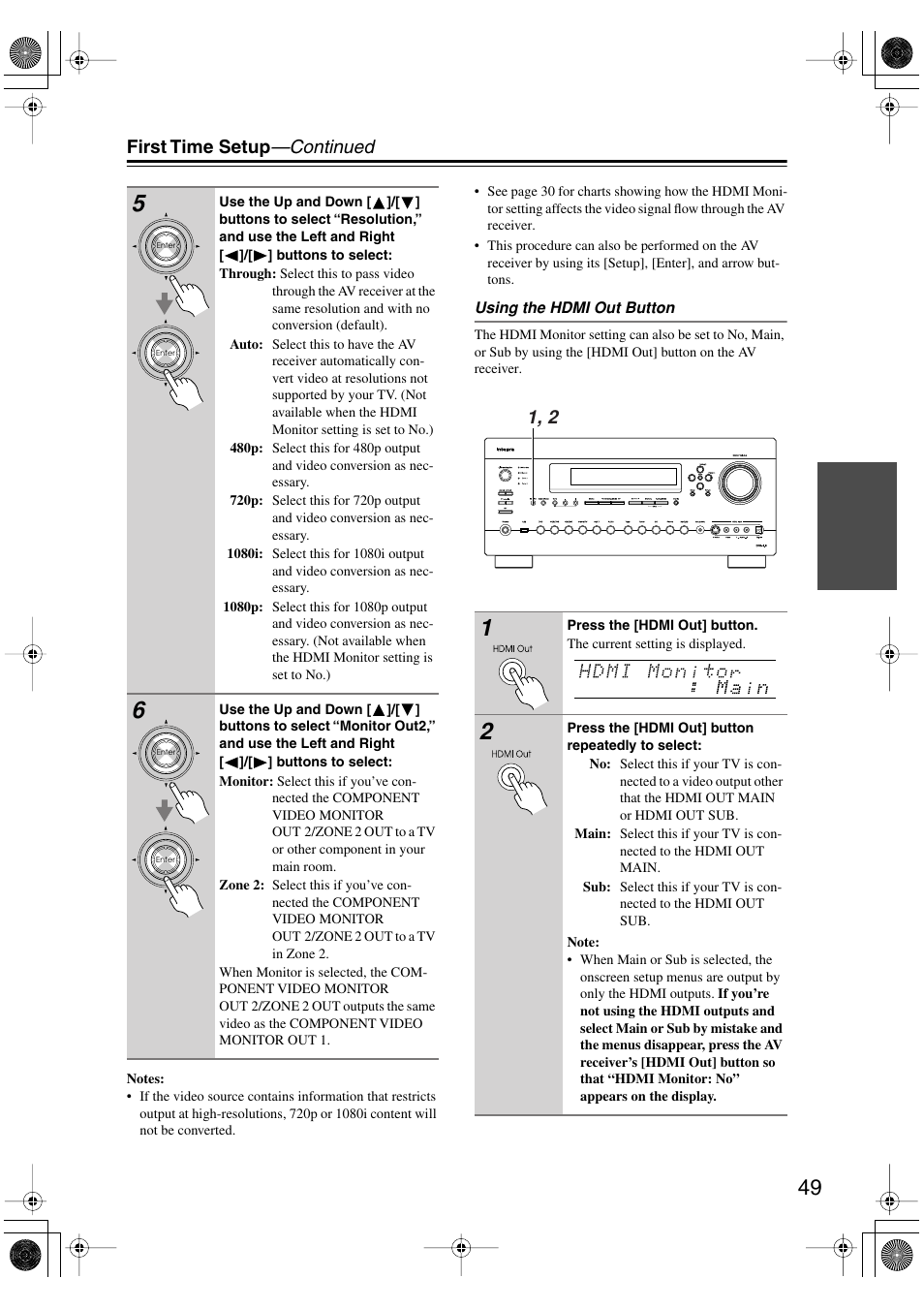 Hdmi out (49), First time setup —continued | Integra DTR-8.8 User Manual | Page 49 / 144