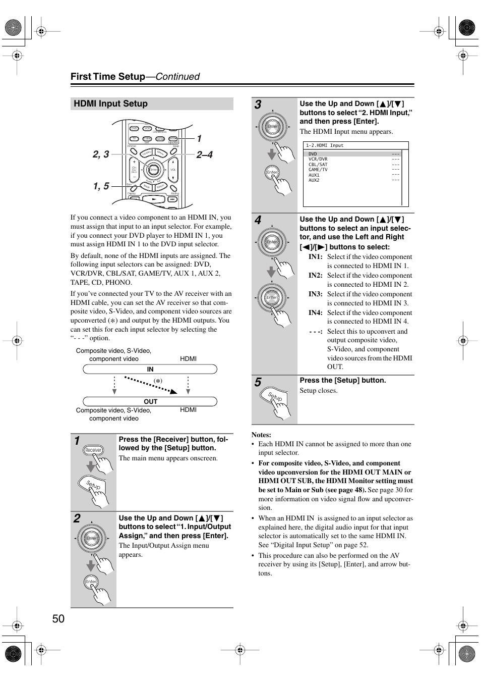 Hdmi input setup, First time setup —continued | Integra DTR-8.8 User Manual | Page 50 / 144