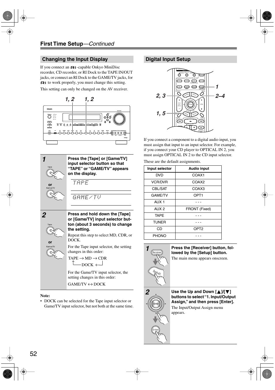 Changing the input display, Digital input setup, Changing the input display digital input setup | First time setup —continued | Integra DTR-8.8 User Manual | Page 52 / 144
