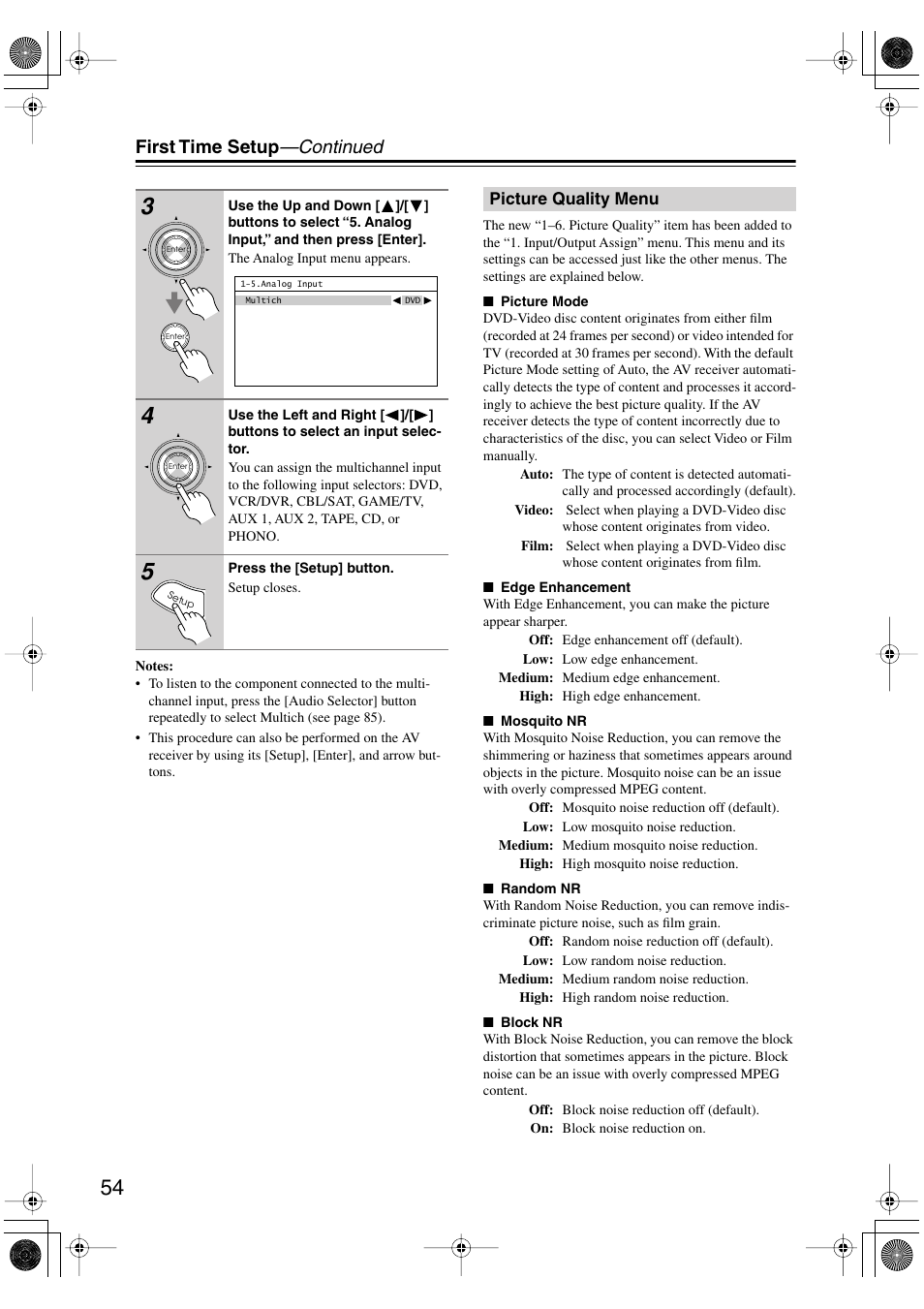 Picture quality menu, First time setup —continued | Integra DTR-8.8 User Manual | Page 54 / 144