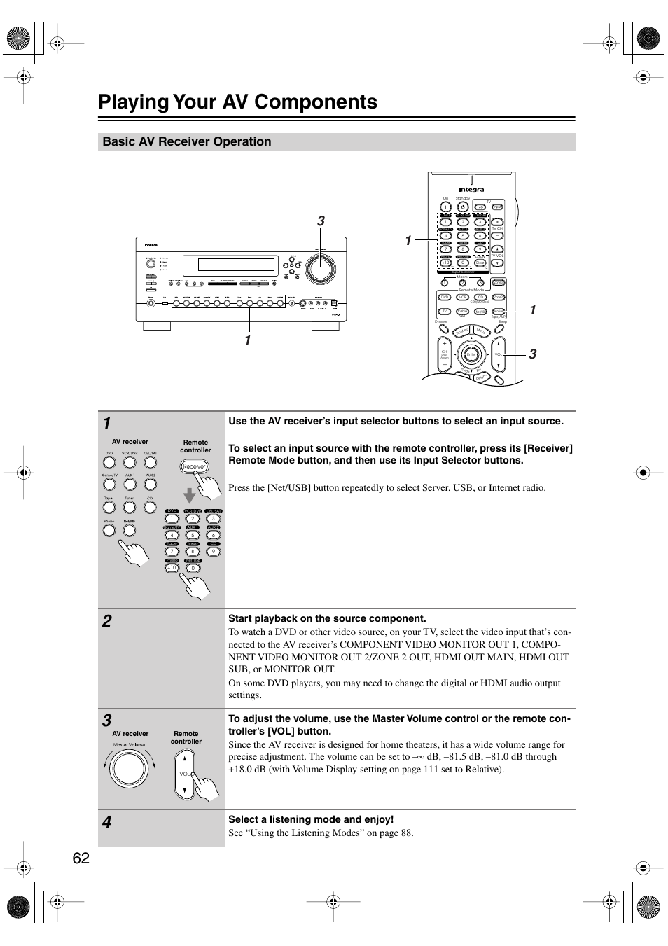 Playing your av components, Basic av receiver operation, Ol (62) | Uttons (62), Vel (62), Utton (62) | Integra DTR-8.8 User Manual | Page 62 / 144