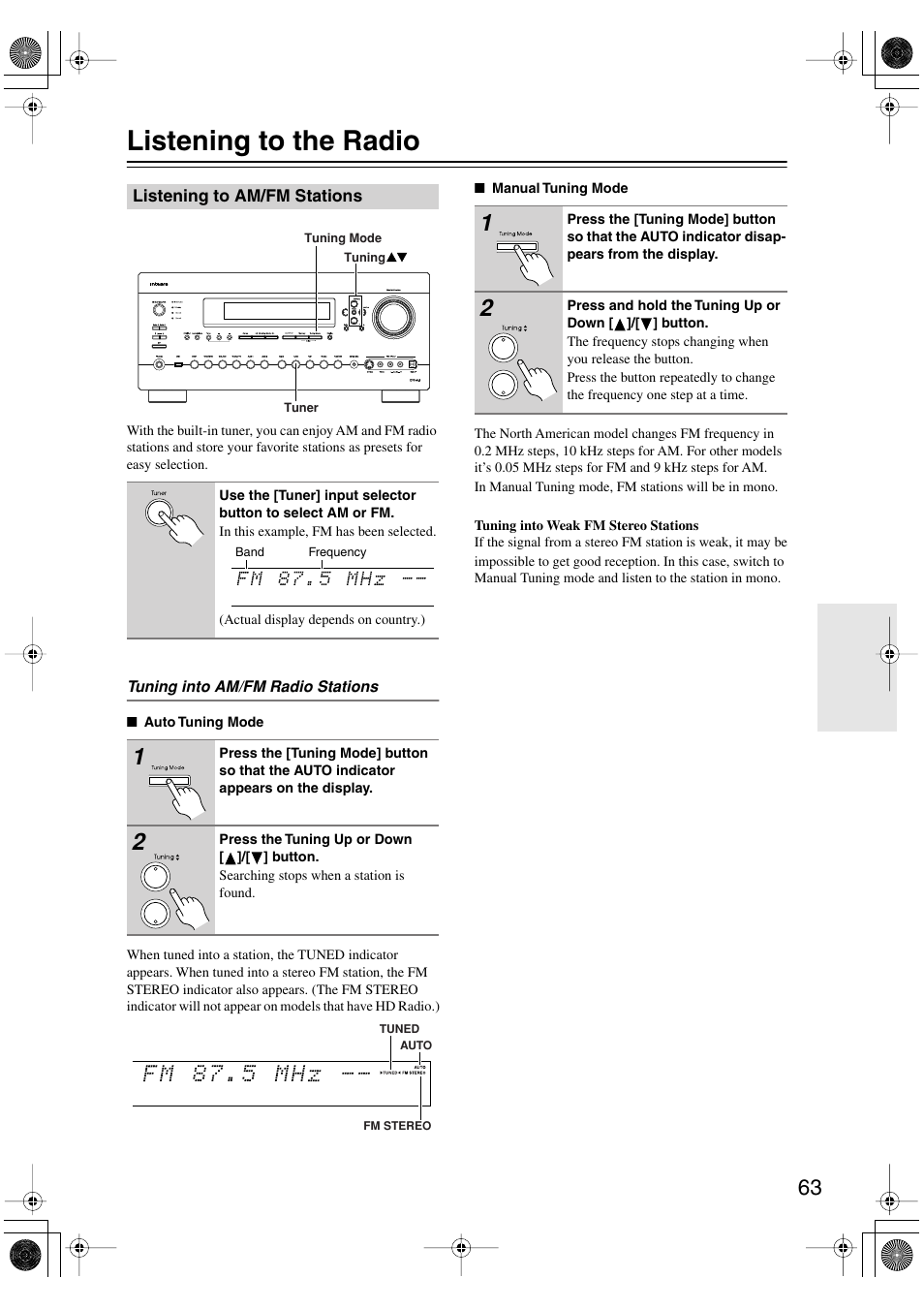 Listening to the radio, Listening to am/fm stations, Utton (63) | S (63), Tuned (63), Fm stereo (63) | Integra DTR-8.8 User Manual | Page 63 / 144