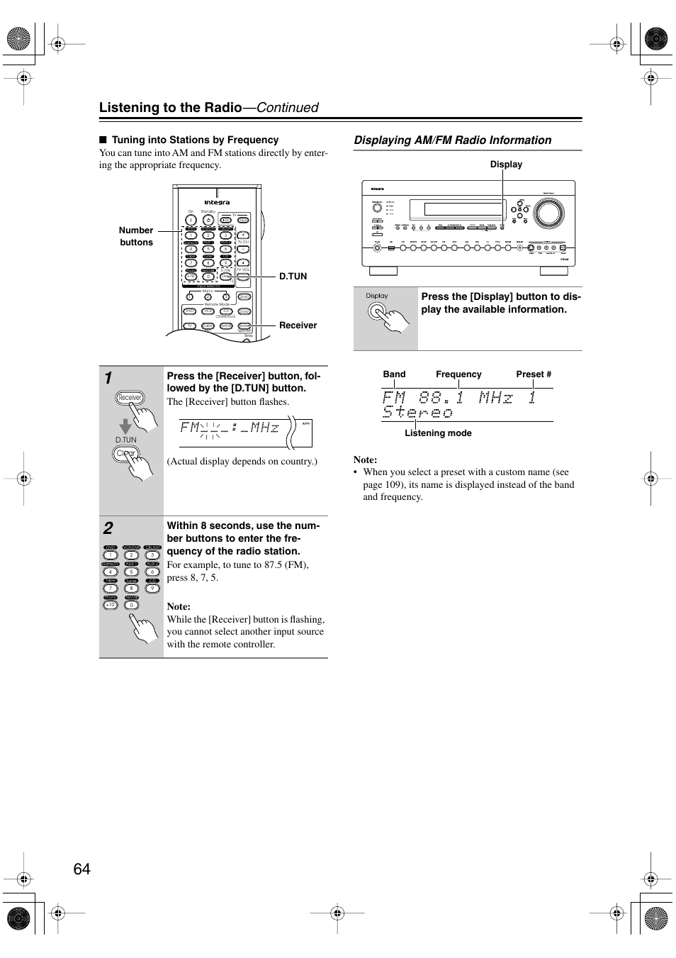 Utton (64), Listening to the radio —continued, Displaying am/fm radio information | Integra DTR-8.8 User Manual | Page 64 / 144