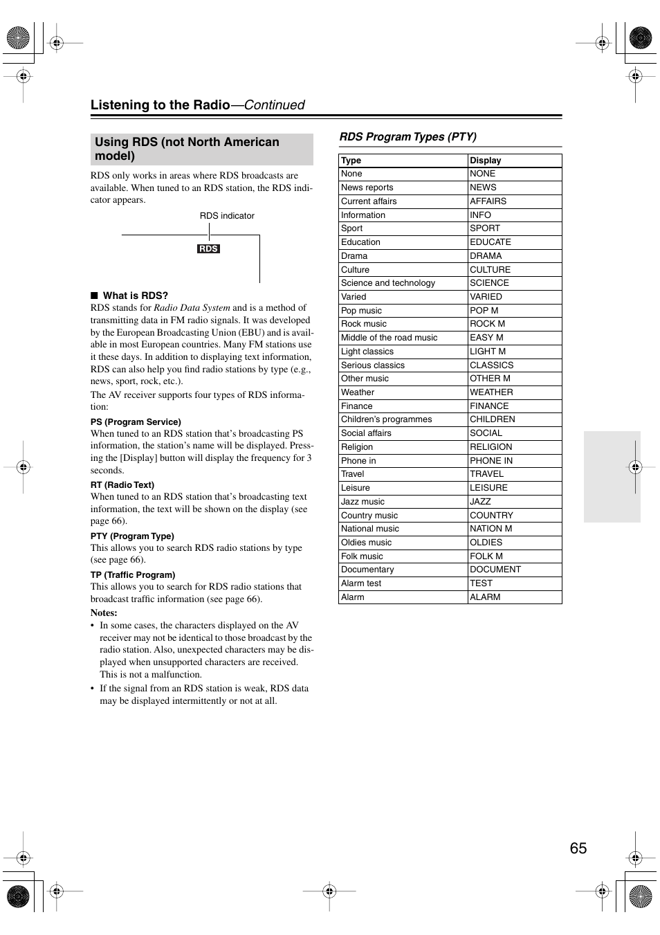 Using rds (not north american model), Th american model) (65), Listening to the radio —continued | Integra DTR-8.8 User Manual | Page 65 / 144