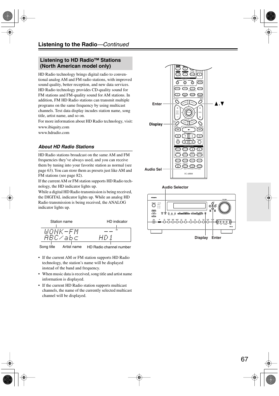 Listening to hd radio™ stations, North american model only), Y) (67) | S (67, Listening to the radio —continued, About hd radio stations | Integra DTR-8.8 User Manual | Page 67 / 144
